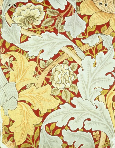 Wallpaper with acanthus leaves and wild roses on a crimson background designed by William Morris by William Morris